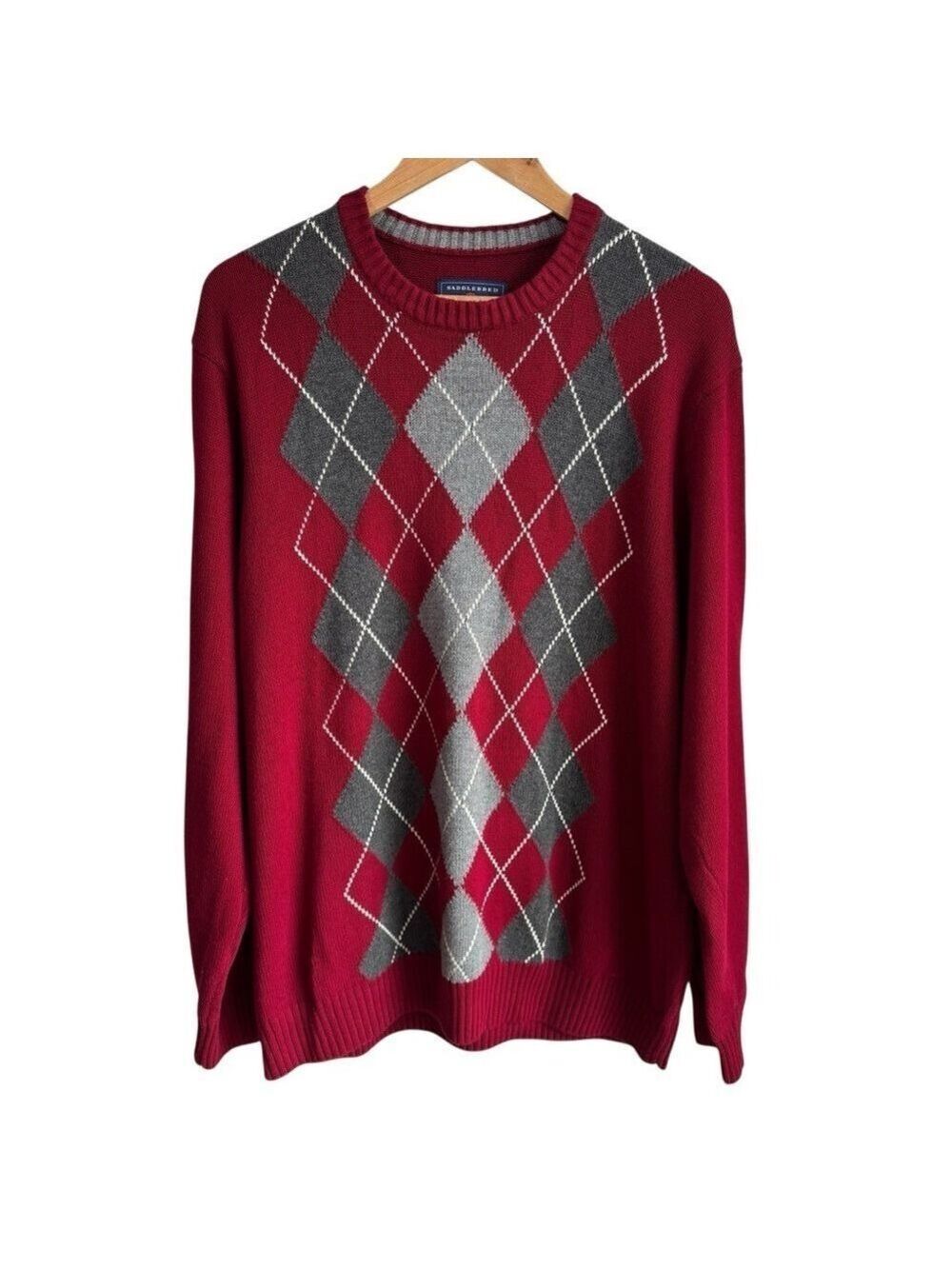 Saddlebred Argyle Sweater Mens XL Red Grey Crewneck Pullover Preppy Golf EUC
